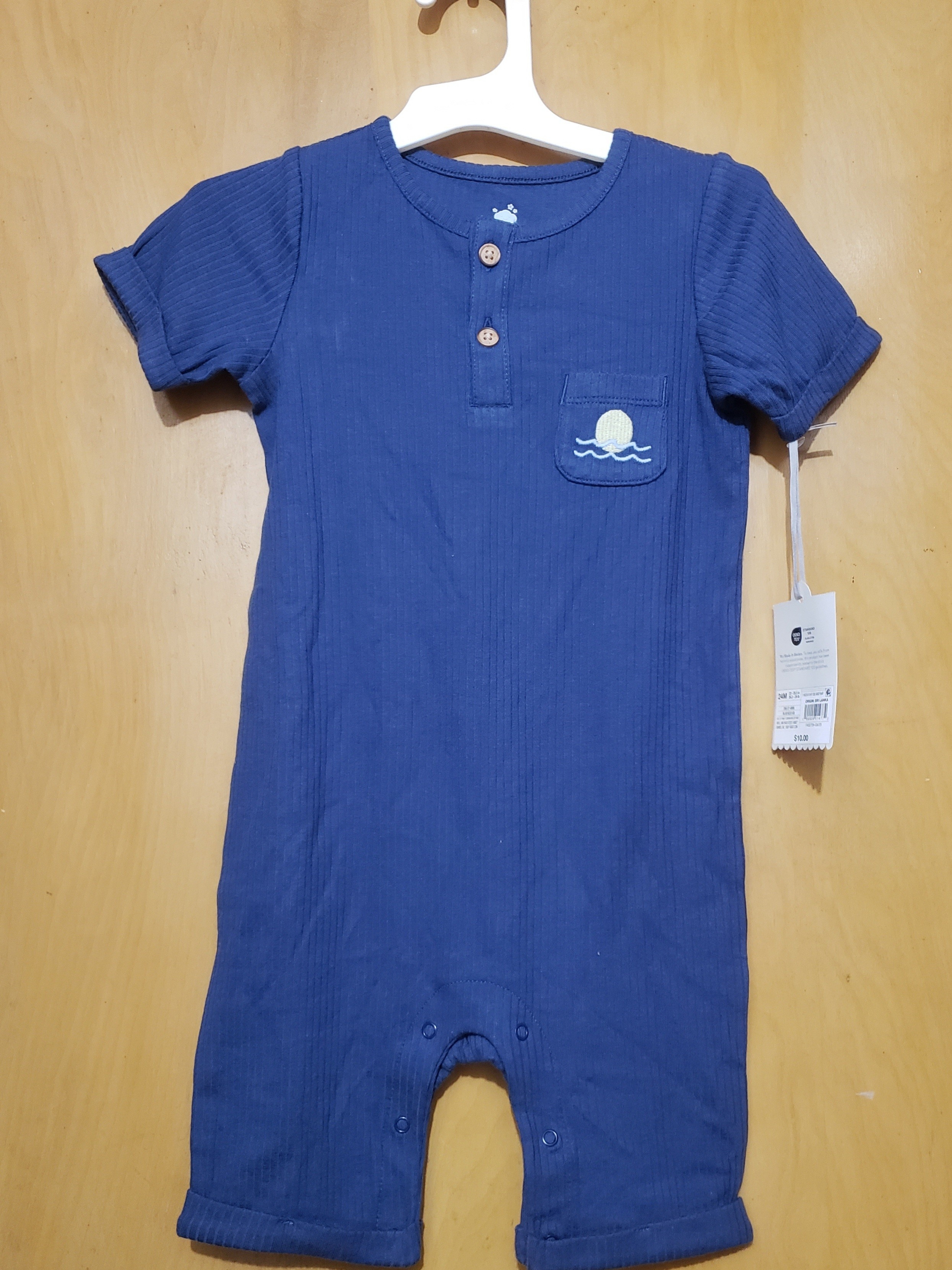 Cloud Island Navy Blue Short Sleeve Ribbed Romper With Sun Patch